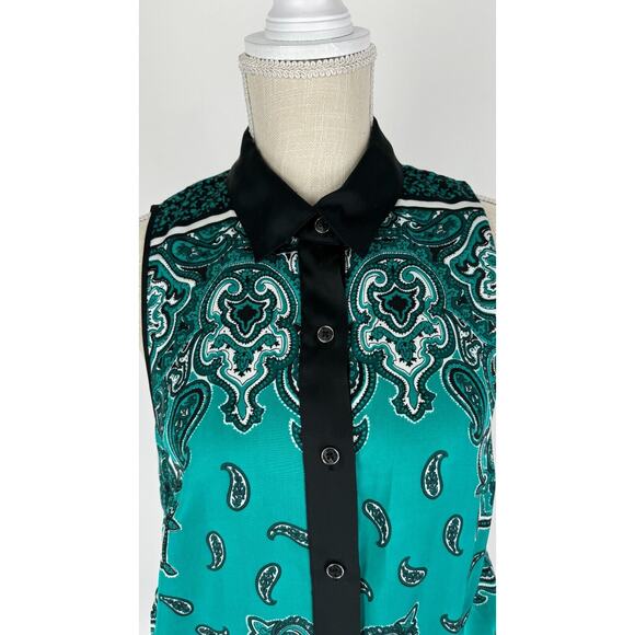 Michael Kors Green Paisley Bandana Romper Sleeveless Button Up Collared Womens M - Picture 5 of 11